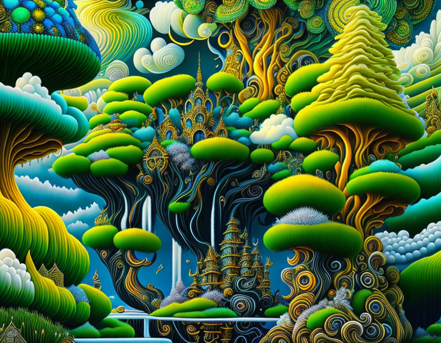 Colorful surreal landscapes with intricate patterns and fantastical formations.