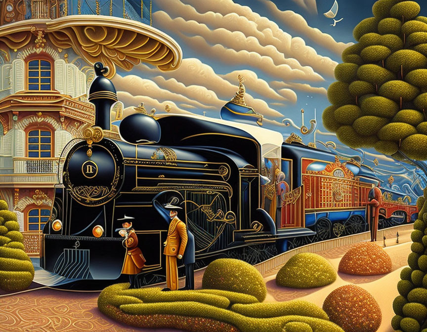 Vintage Train Station Illustration with Steam Locomotive & Elaborate Figures