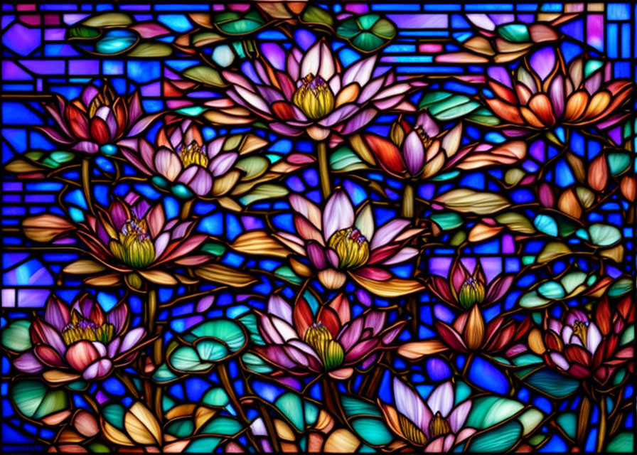 Colorful Lotus Flower Stained Glass Window on Blue Background