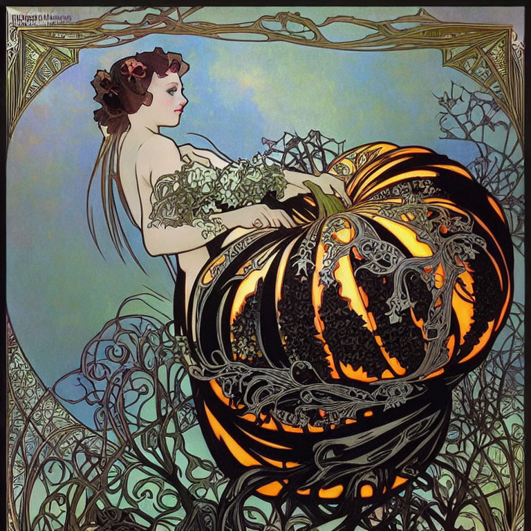 Art Nouveau Style Woman with Flowers in Hair on Orange and Black Swirls