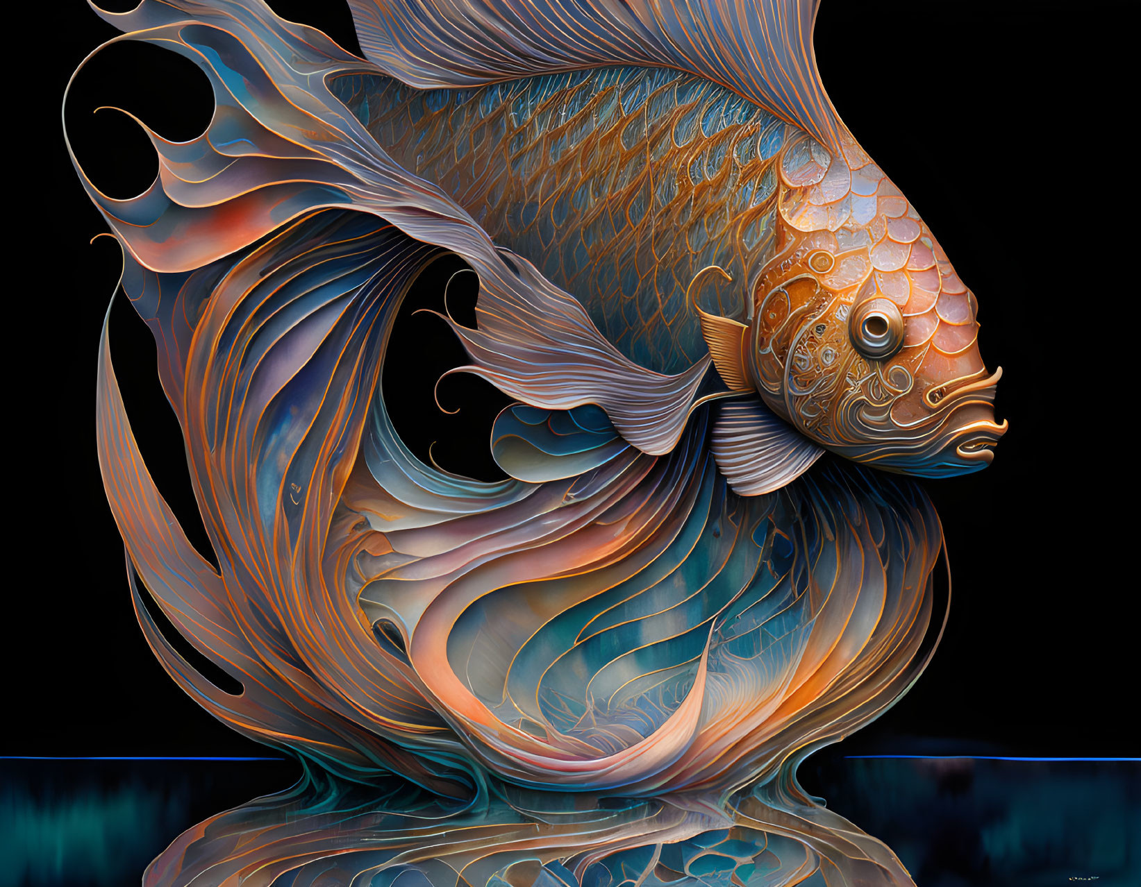 Stylized Fish Digital Artwork in Orange and Blue Tones