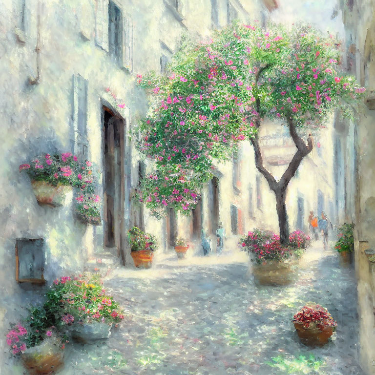 Impressionistic painting of cobblestone street with pink flowers