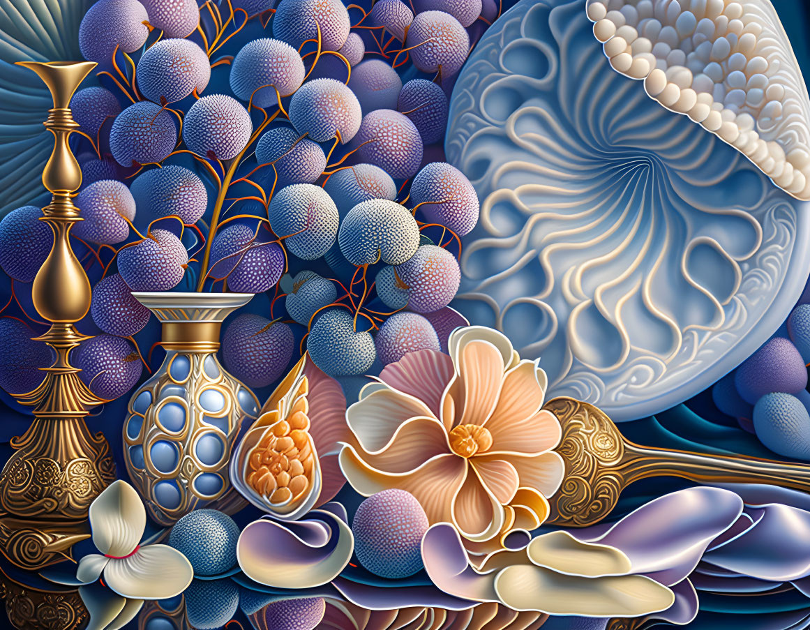 Intricate still life with golden vase, purple berries, seashells, and orange flower.