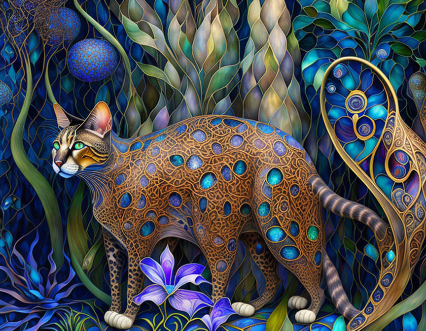 Leopard with peacock-patterned spots in vibrant flora