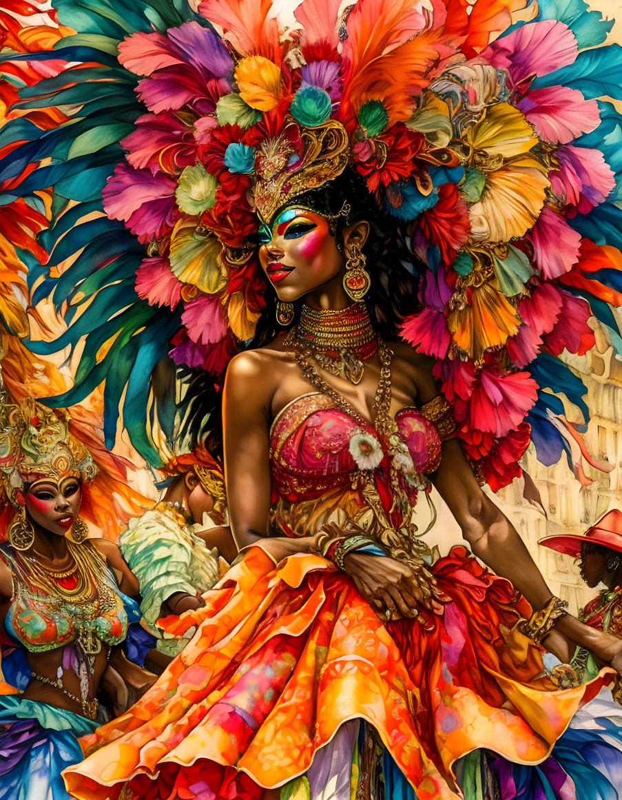 Colorful Carnival Dancer in Elaborate Headdress and Mask