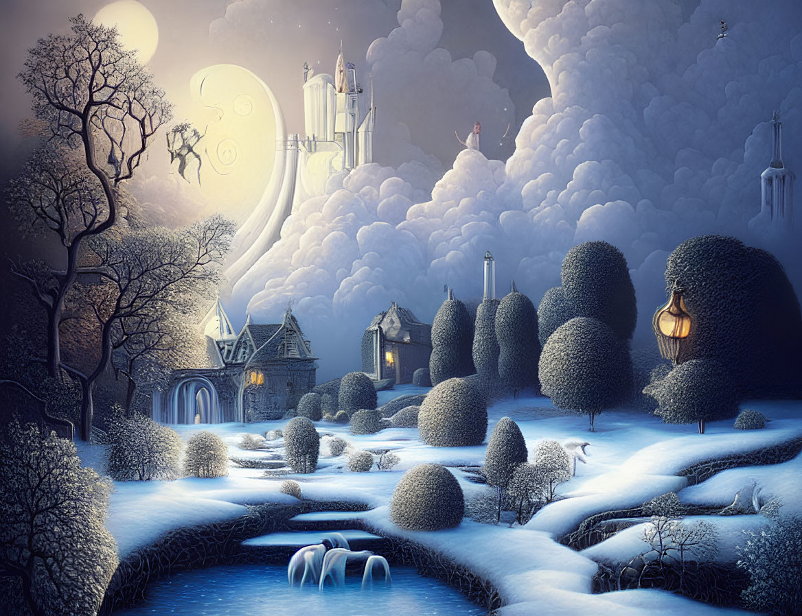 Snow-covered winter landscape with castle, trees, river, and lanterns at night