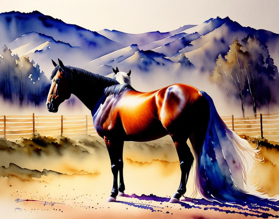 Colorful Watercolor Painting of Horse and Mountains with Fence