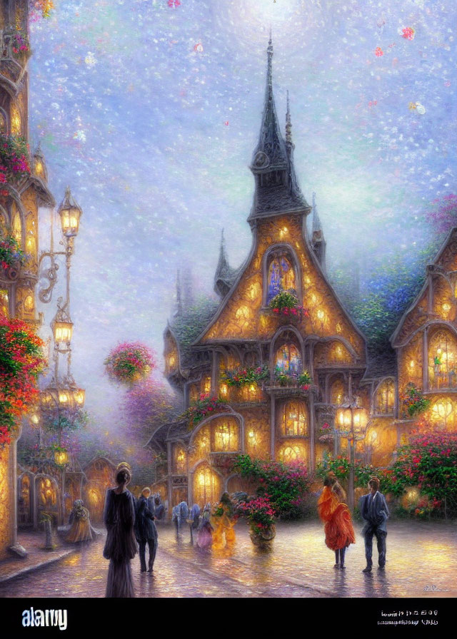 Enchanting village street scene with glowing lights, vibrant flowers, and soft snowfall