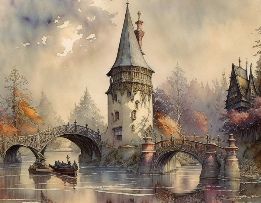 Vintage tower and stone arch bridge in watercolor art.