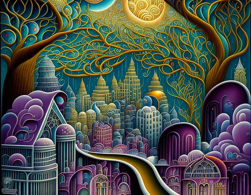 Vibrant cityscape painting with swirling skies and fantastical buildings