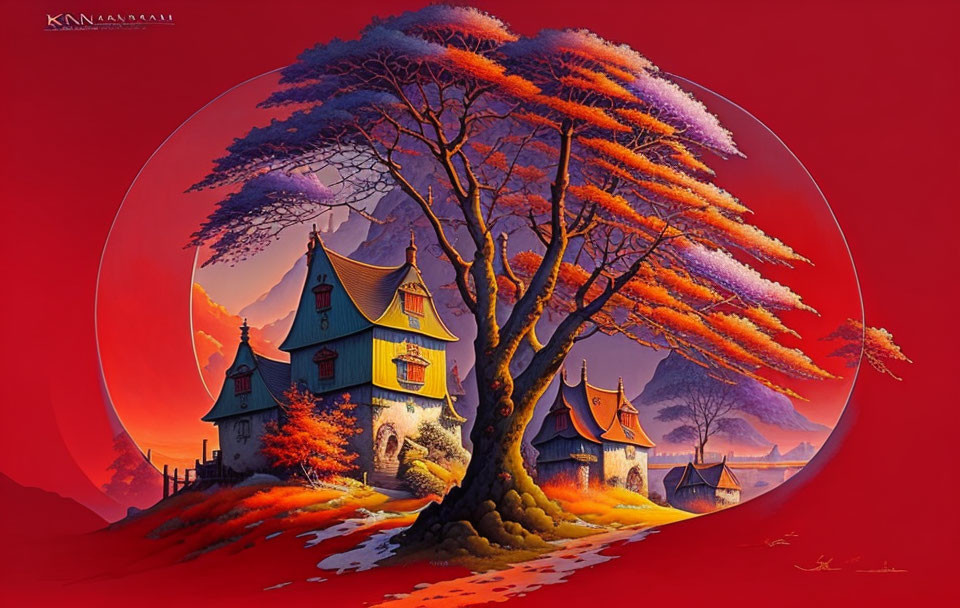 Colorful Tree Painting: Vibrant Village & Purple Leaves