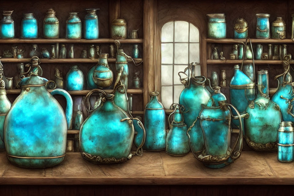 Rustic Blue Ceramic Jugs with Metal Accents on Wooden Shelves