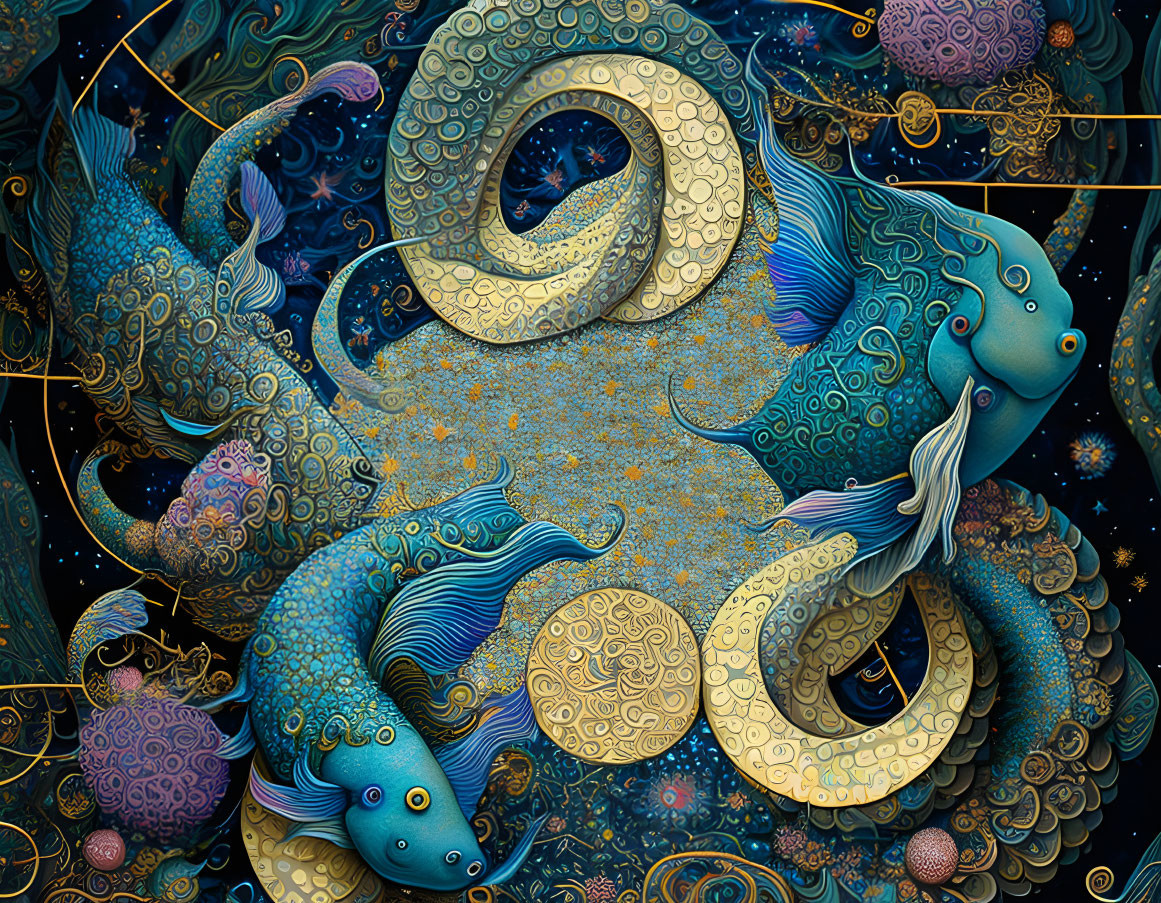 Stylized blue fish with patterned scales and celestial objects on dark starry background