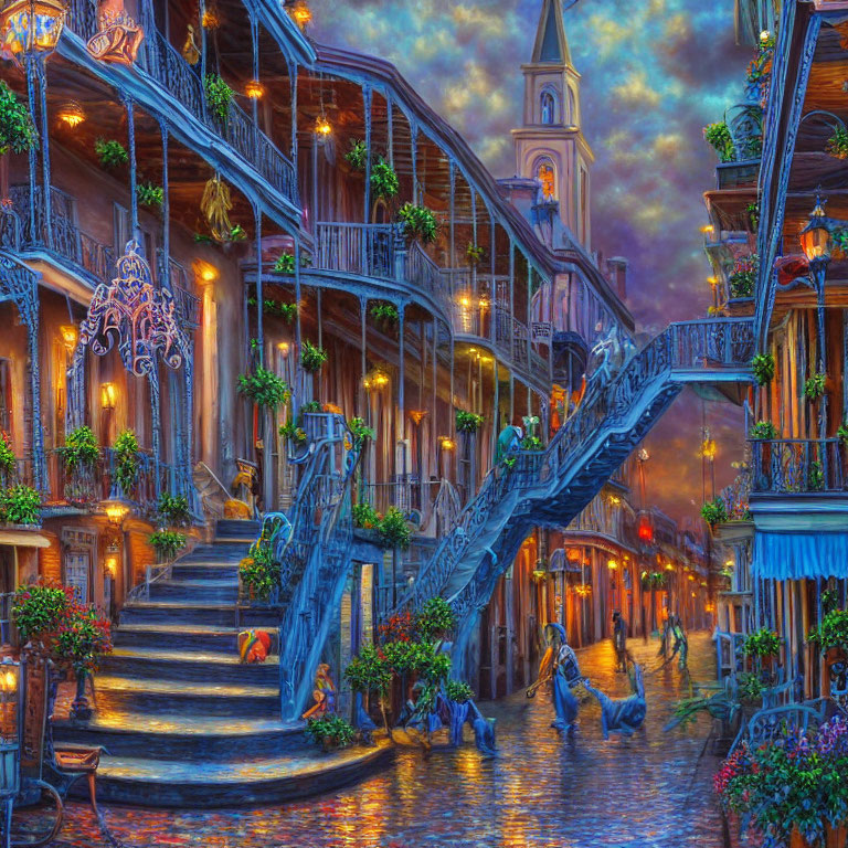 Colorful Twilight Street Scene with Illuminated Buildings and Staircase