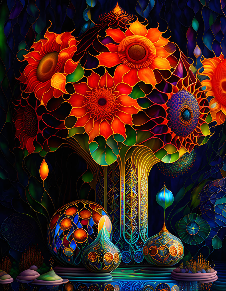 Colorful digital artwork: Psychedelic sunflowers, orbs, and vases on dark background