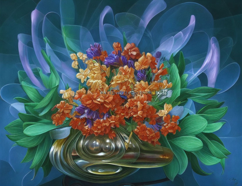 Colorful Orange and Yellow Flower Bouquet in Silver Horn on Blue Background