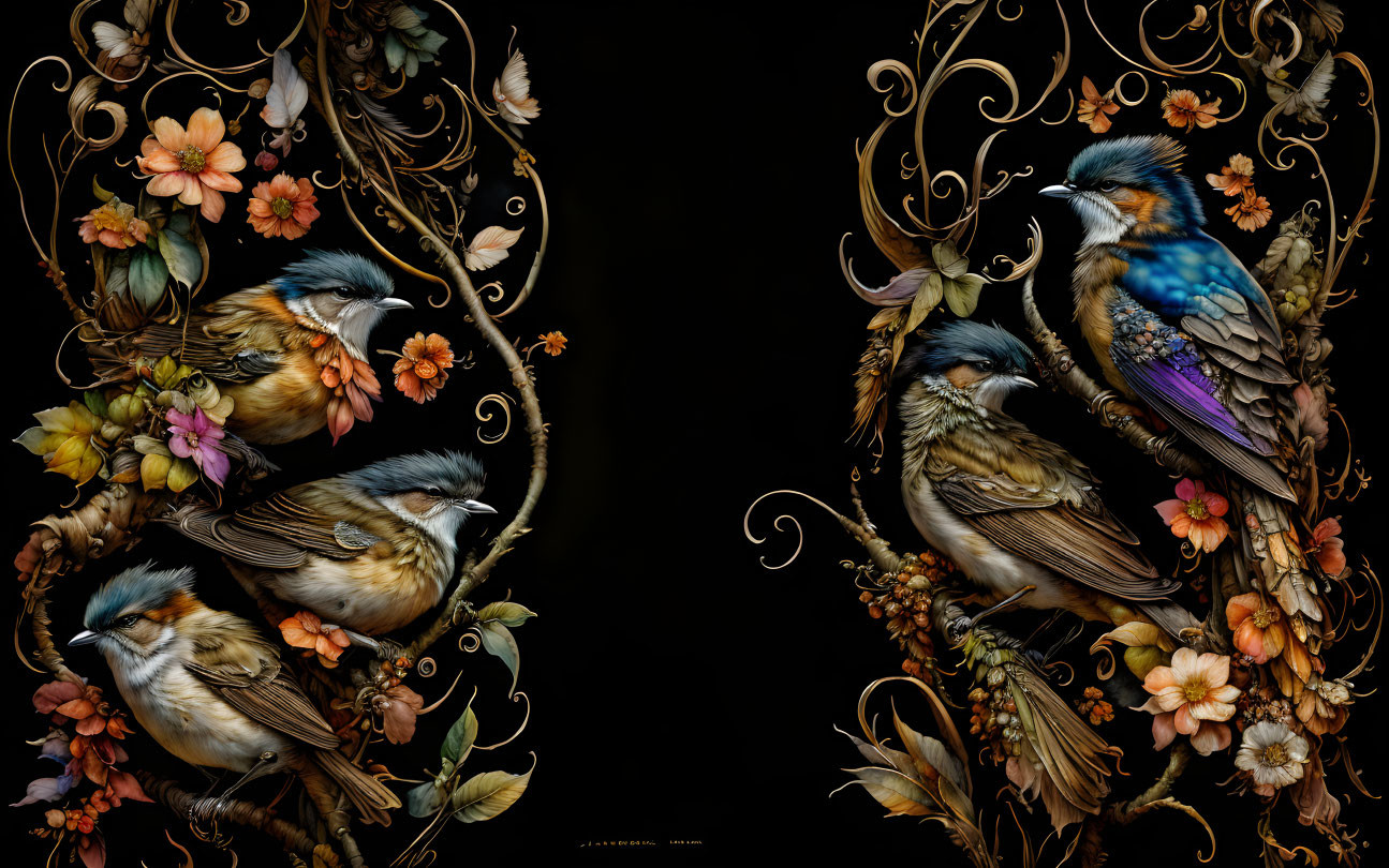 Intricately detailed birds with flowers and vines on black background