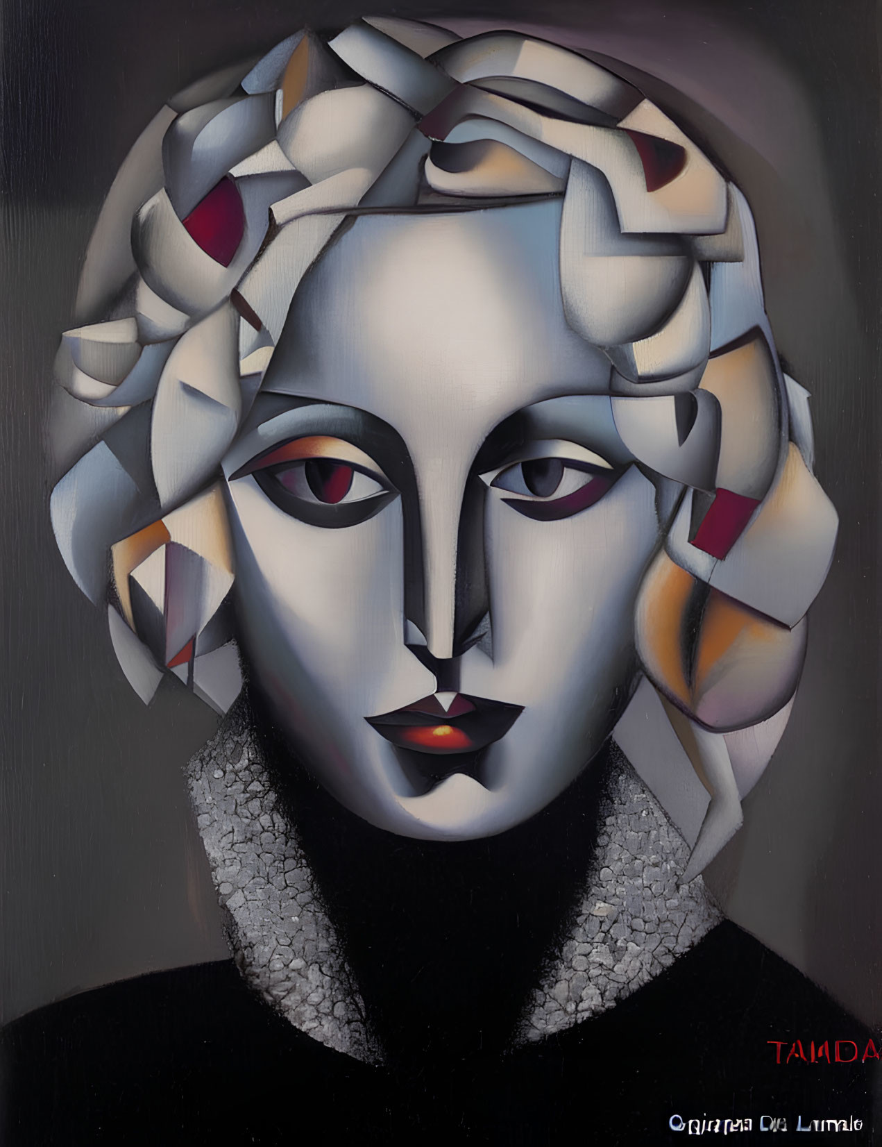 Cubist-style painting of woman with pale skin and red-highlighted hair by TAINO