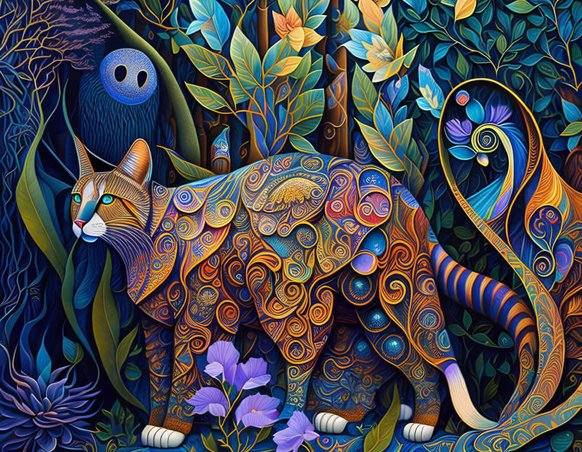 Colorful artwork: Stylized cat in intricate floral setting