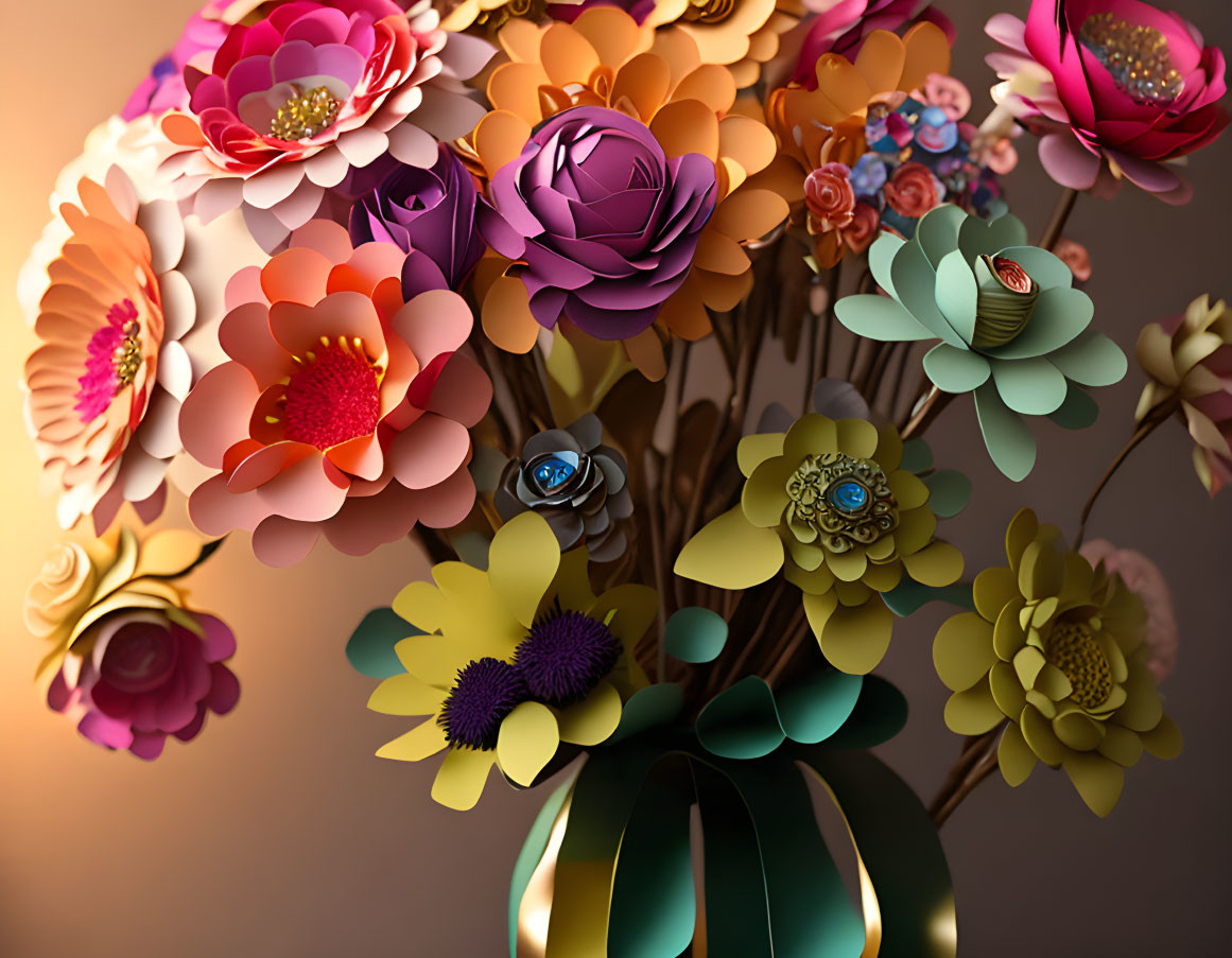 Colorful Paper Flower Bouquet on Shaded Background