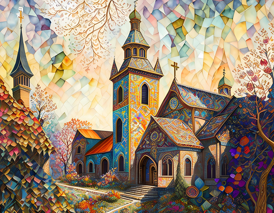 Colorful Mosaic-Style Church Illustration with Geometric Background