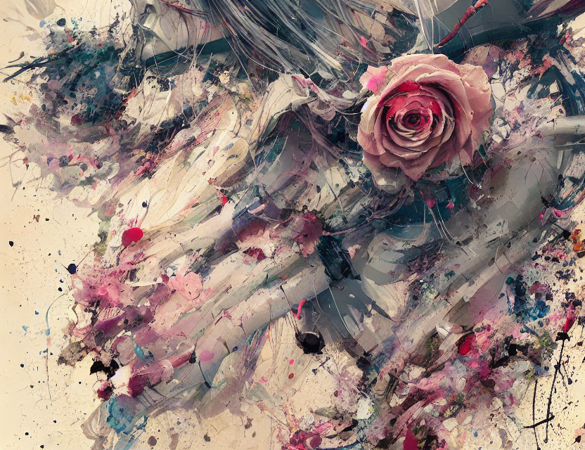 Colorful Abstract Artwork with Dynamic Brushstrokes and Pink Rose