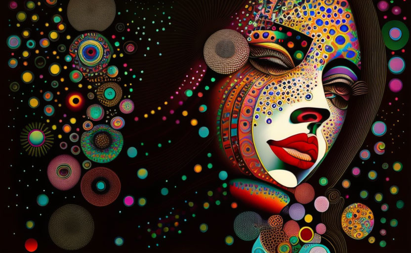 Vibrant digital artwork of stylized female face with colorful patterns on dark background