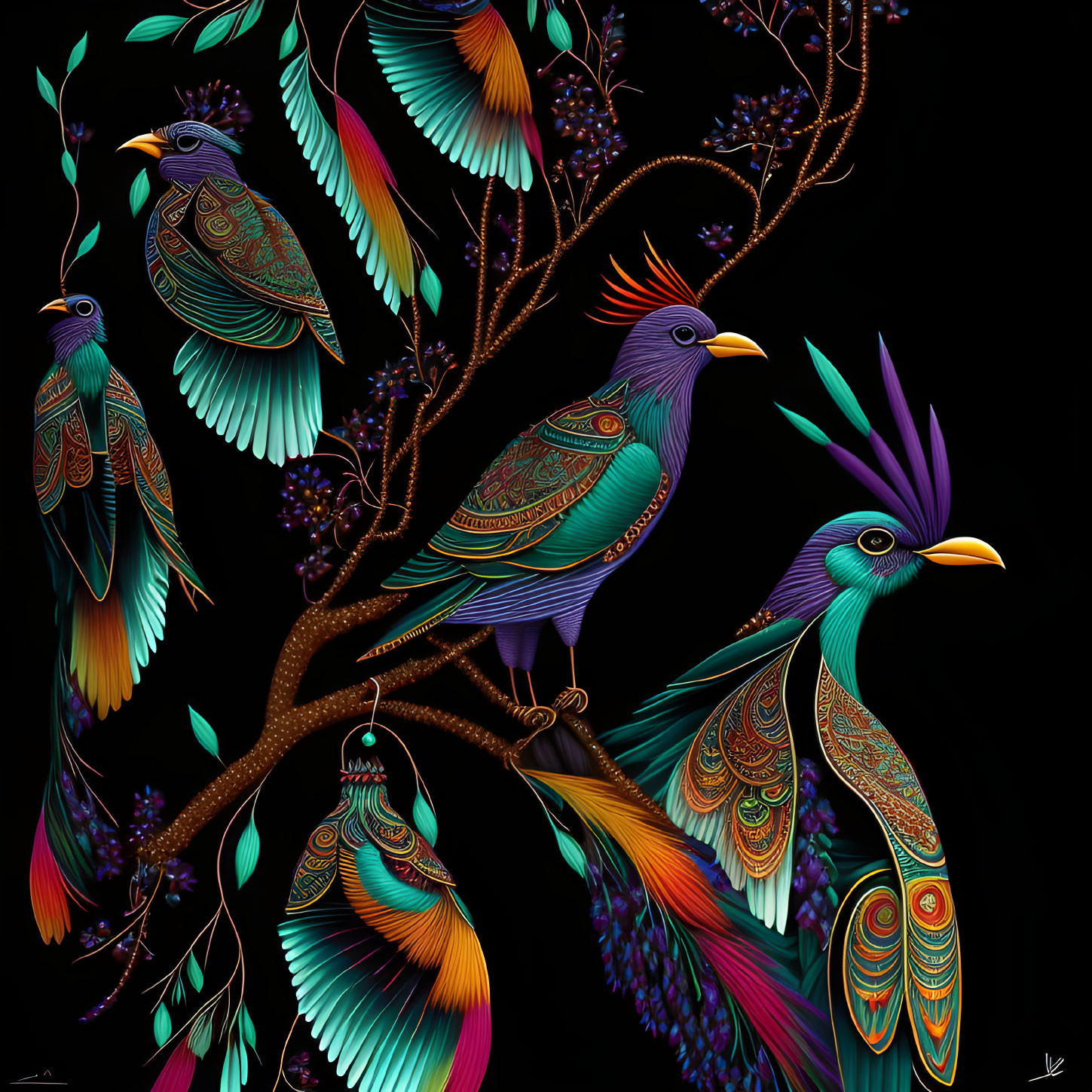 Colorful stylized birds on blossoming branches against black background