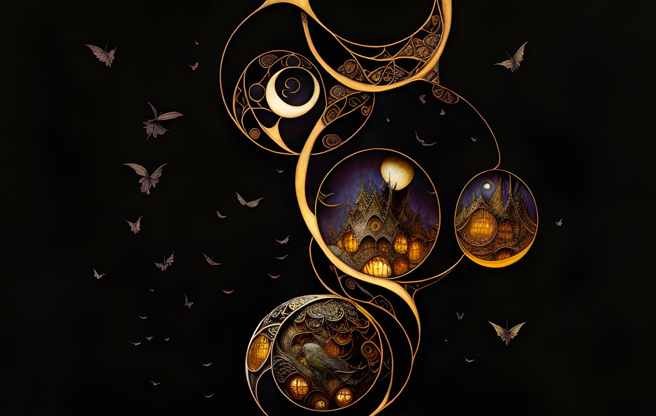 Digital artwork: Golden patterns, nightscapes, castle, dragon, hot air balloon, bats