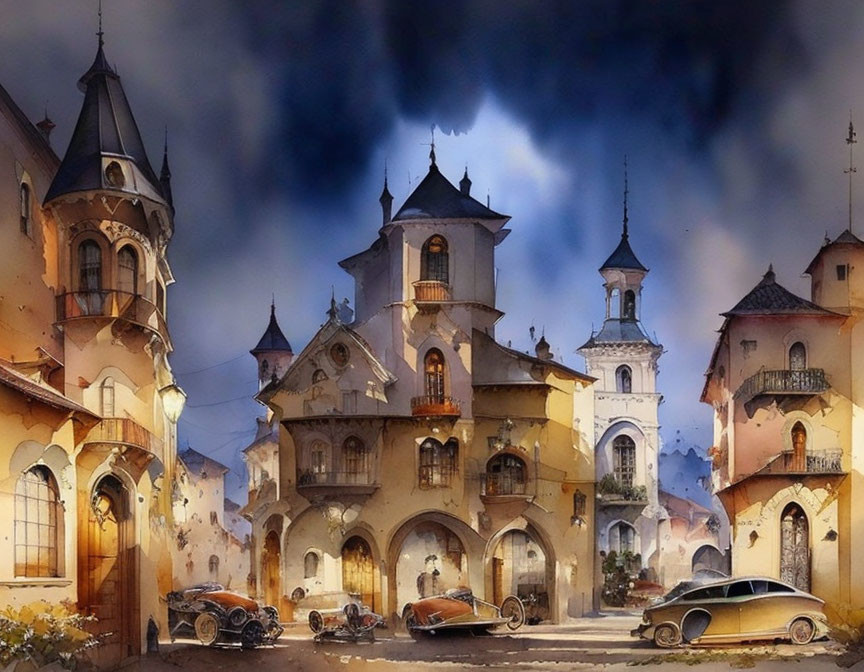 Whimsical painting of old-time town with castle-like buildings and vintage cars