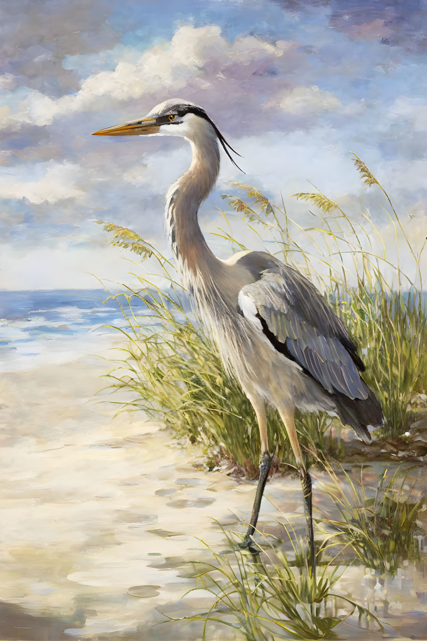 Graceful heron on sandy beach with dunes and cloudy sky