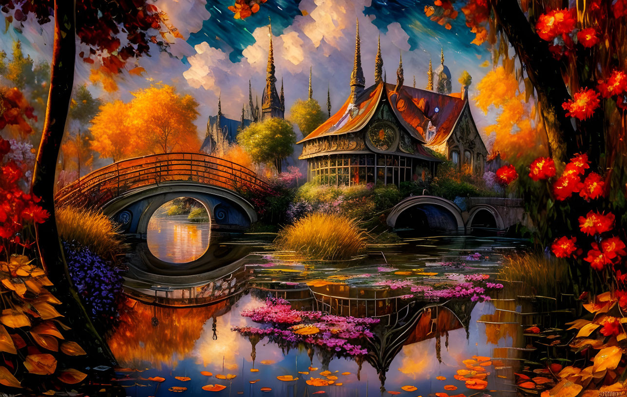 Colorful Autumn Landscape with River, Bridge, and Traditional Building