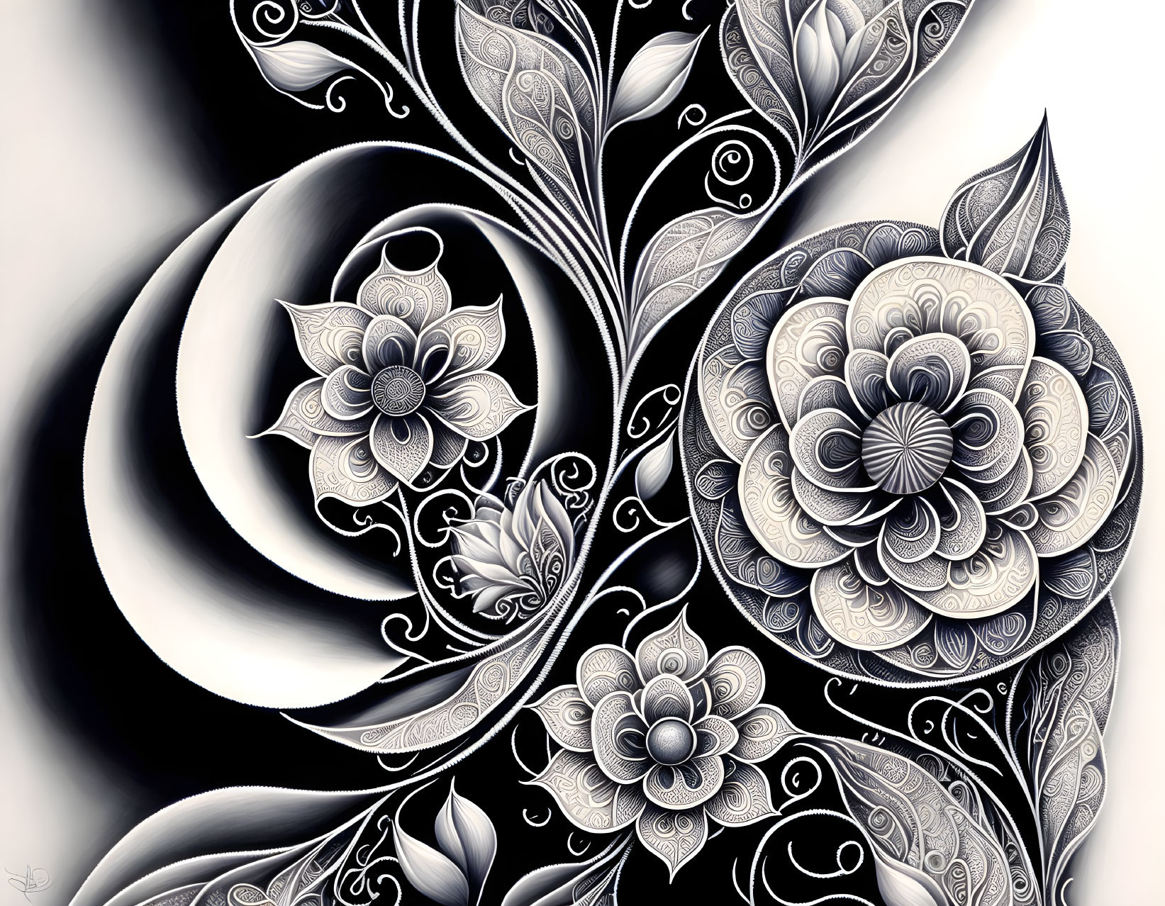 Detailed Black and White Floral Pattern with Swirling Leaves and Layered Flowers