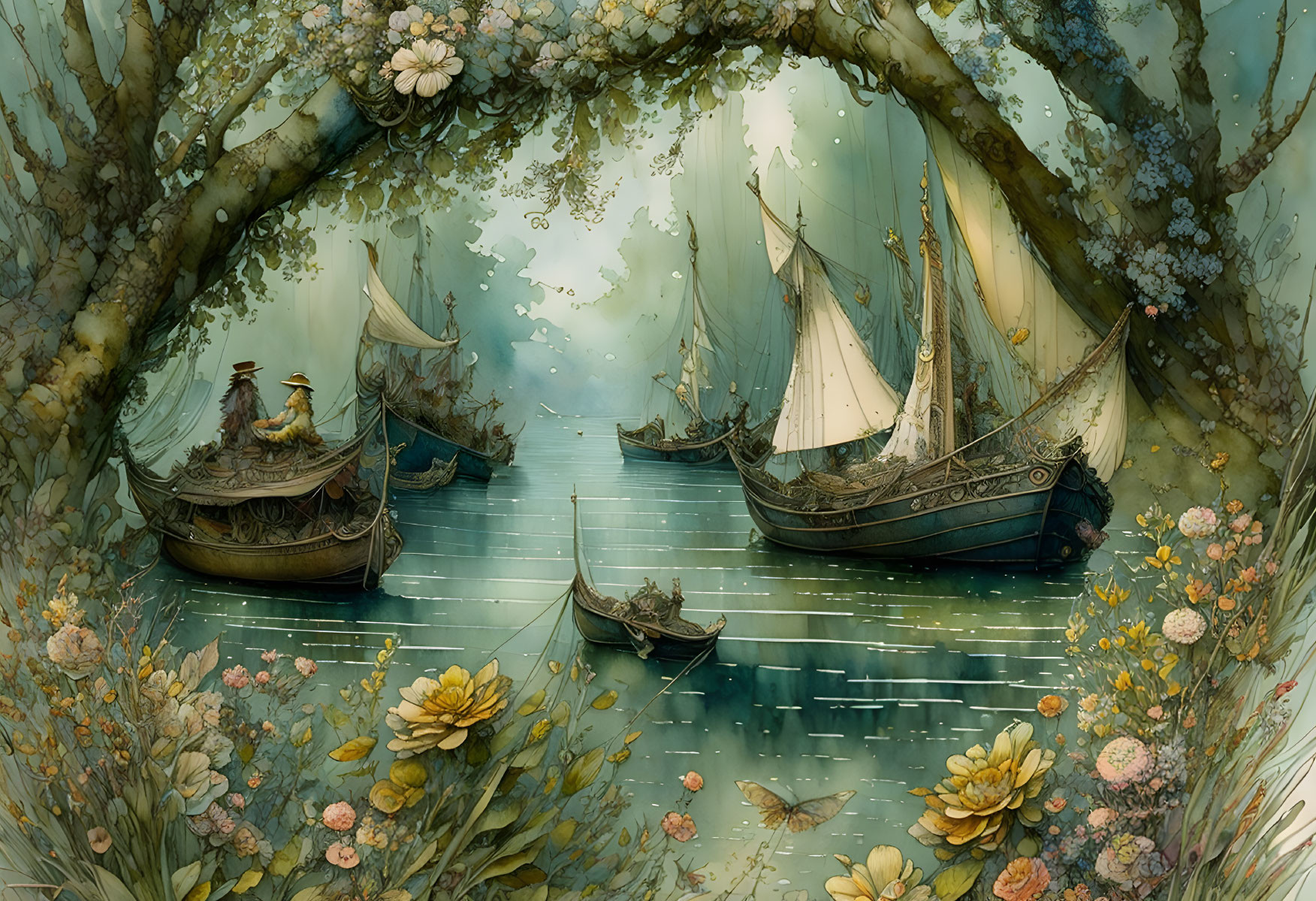 Tranquil scene of ornate boats under a flowering archway