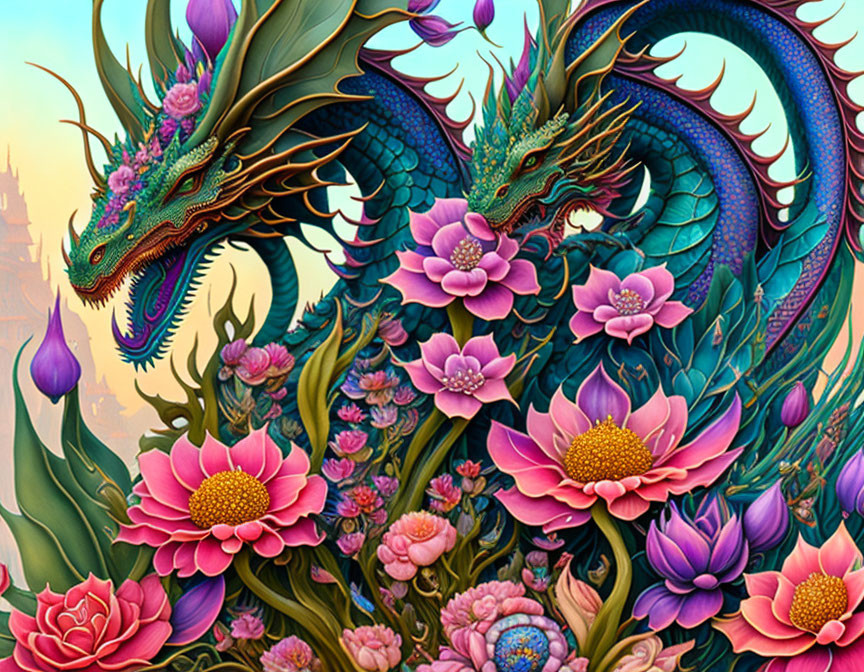 Detailed illustration of two dragons in a colorful flower field