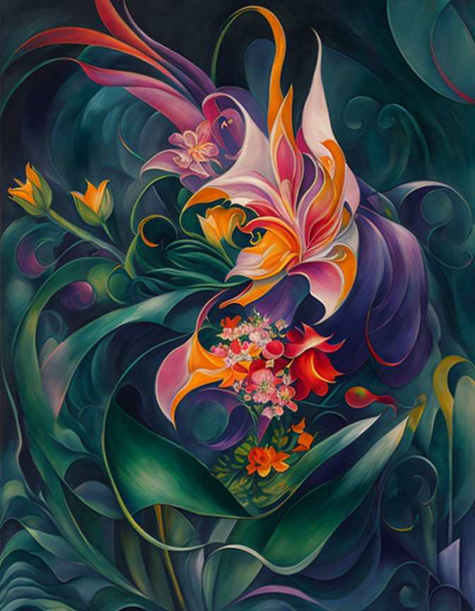 Colorful Abstract Painting with Swirling Flowers and Leaves in Purple, Orange, and Green