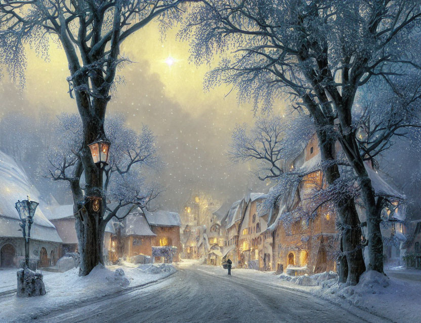 Snowy village at dusk: street lamps, trees, solitary figure