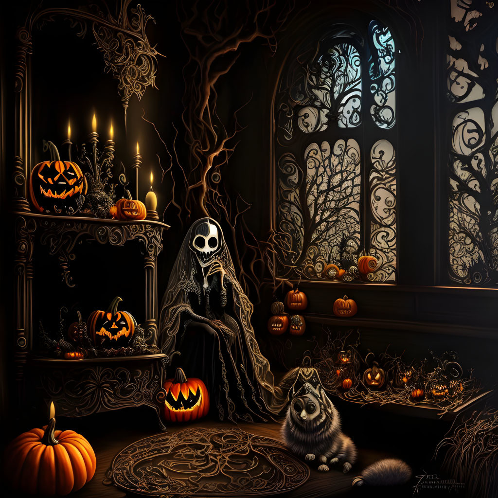 Spooky Halloween room with Jack Skellington figure, pumpkins, candles, and cat