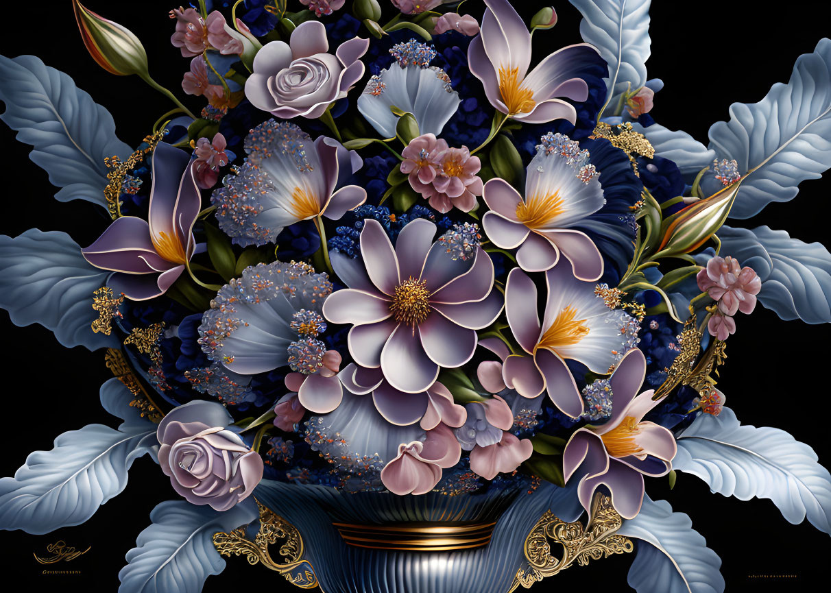 Detailed digital artwork: Lavish bouquet, purple and pink flowers, gold accents, black background