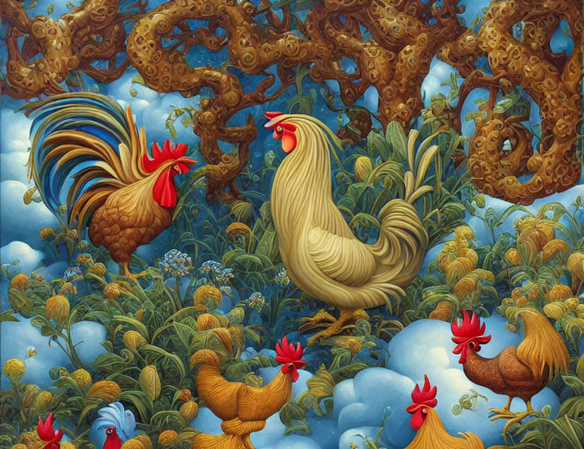 Colorful chickens and roosters in whimsical tree scene with intricate branches.