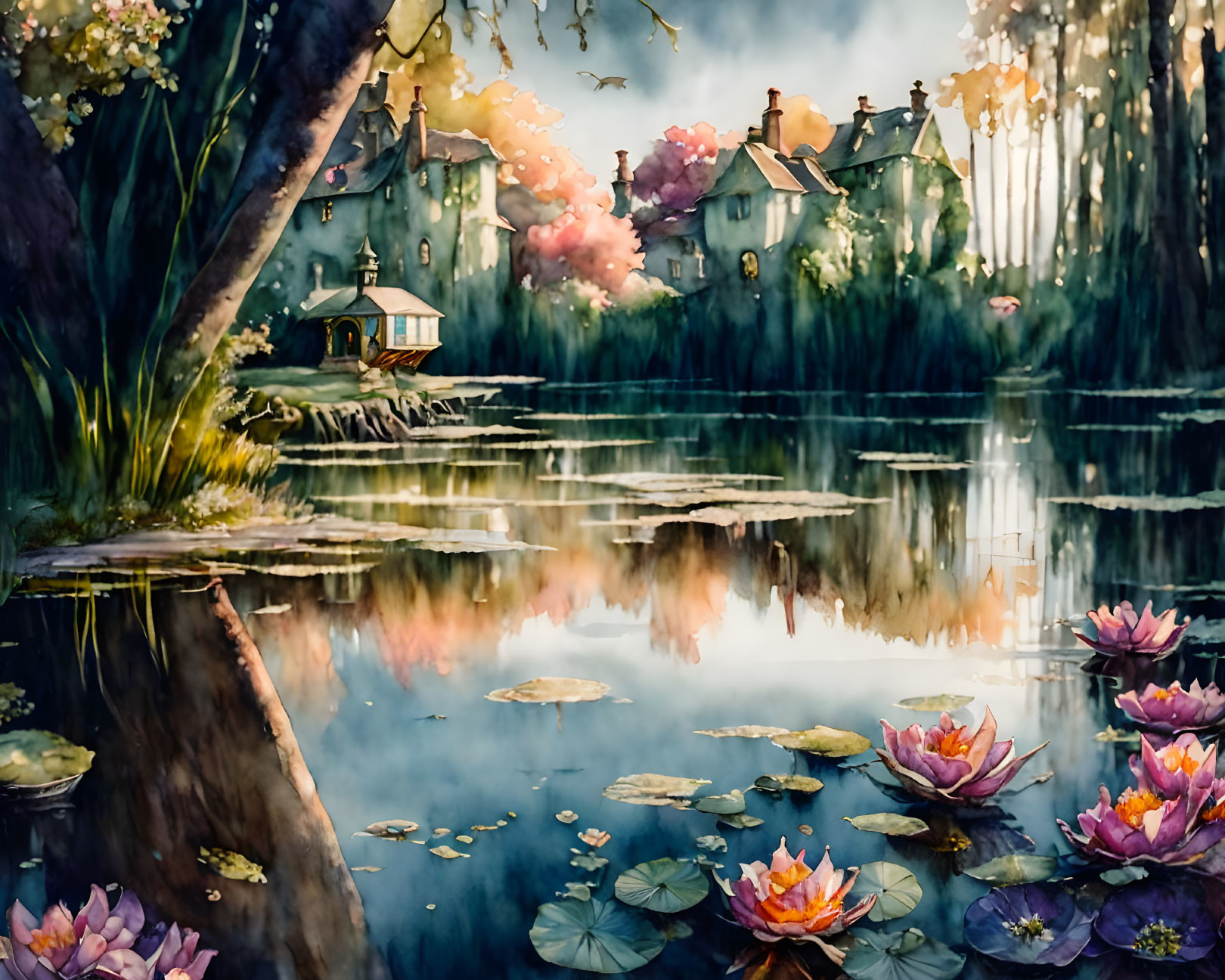 Tranquil pond with lotus flowers, houses, trees, and gazebo in vibrant forest.