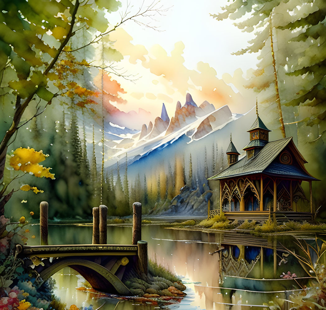 Autumn chapel painting near serene lake with snow-capped mountains