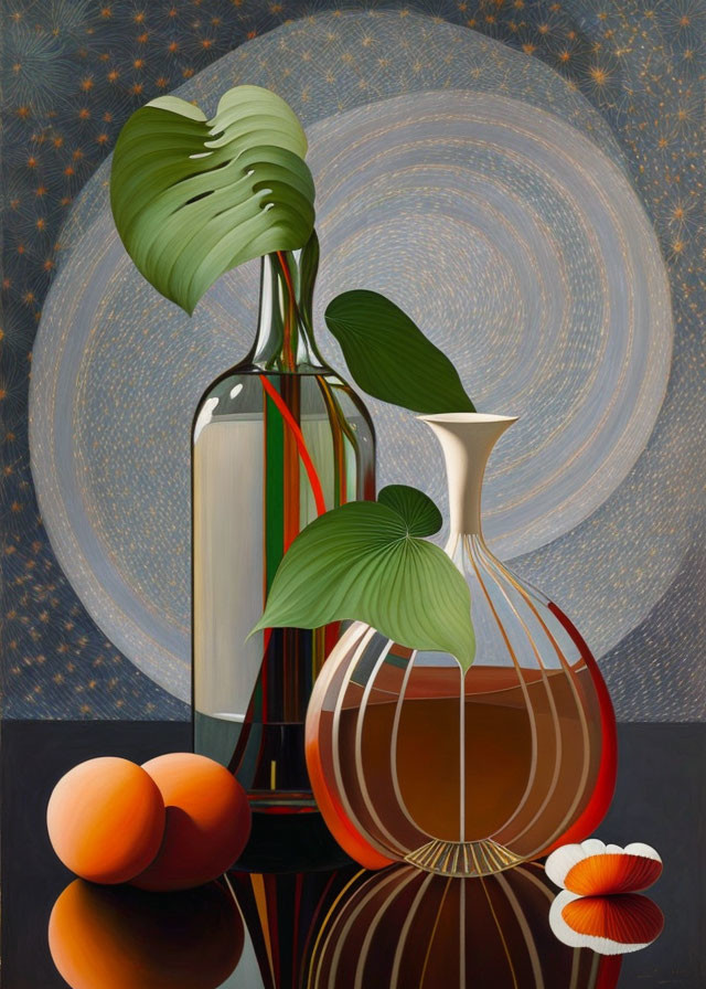 Still Life Painting with Vases, Oranges, Seashells, and Cosmic Background