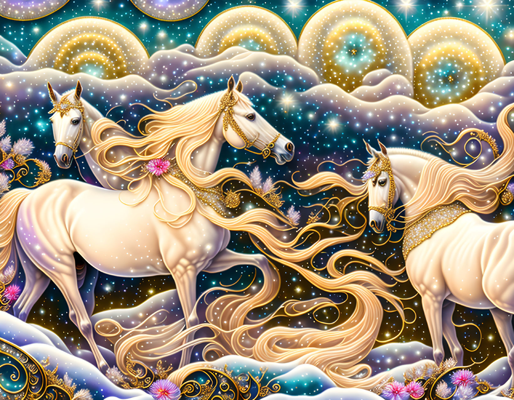 Three white unicorns under starry night sky with celestial motifs