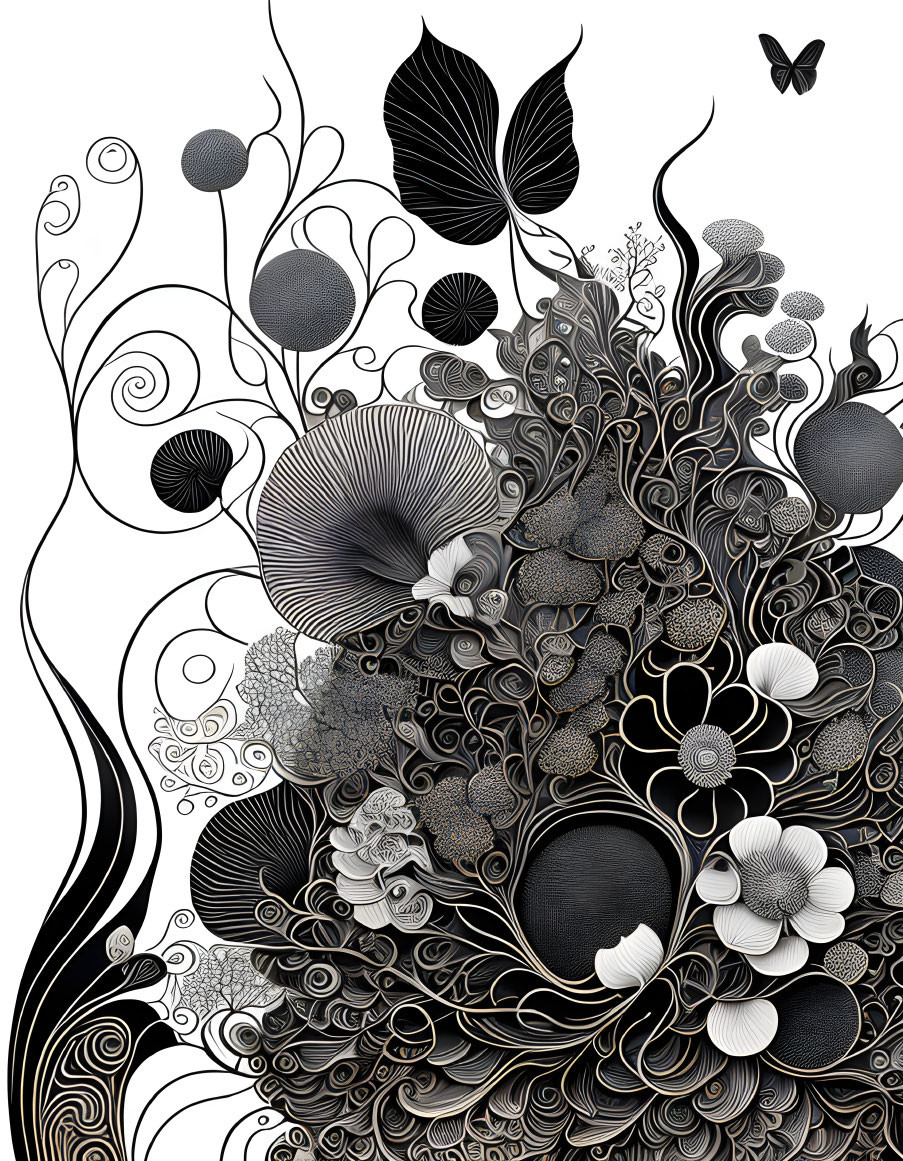 Monochrome illustration of abstract floral patterns and butterfly