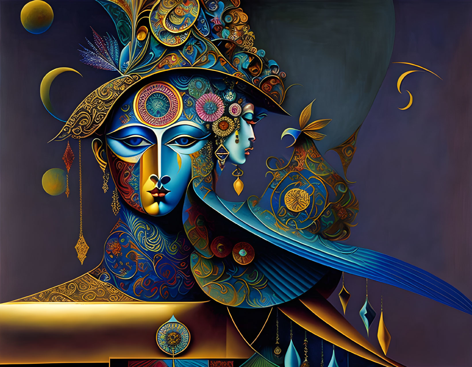 Colorful surreal artwork: Ornate figure with multiple faces and eyes in celestial setting