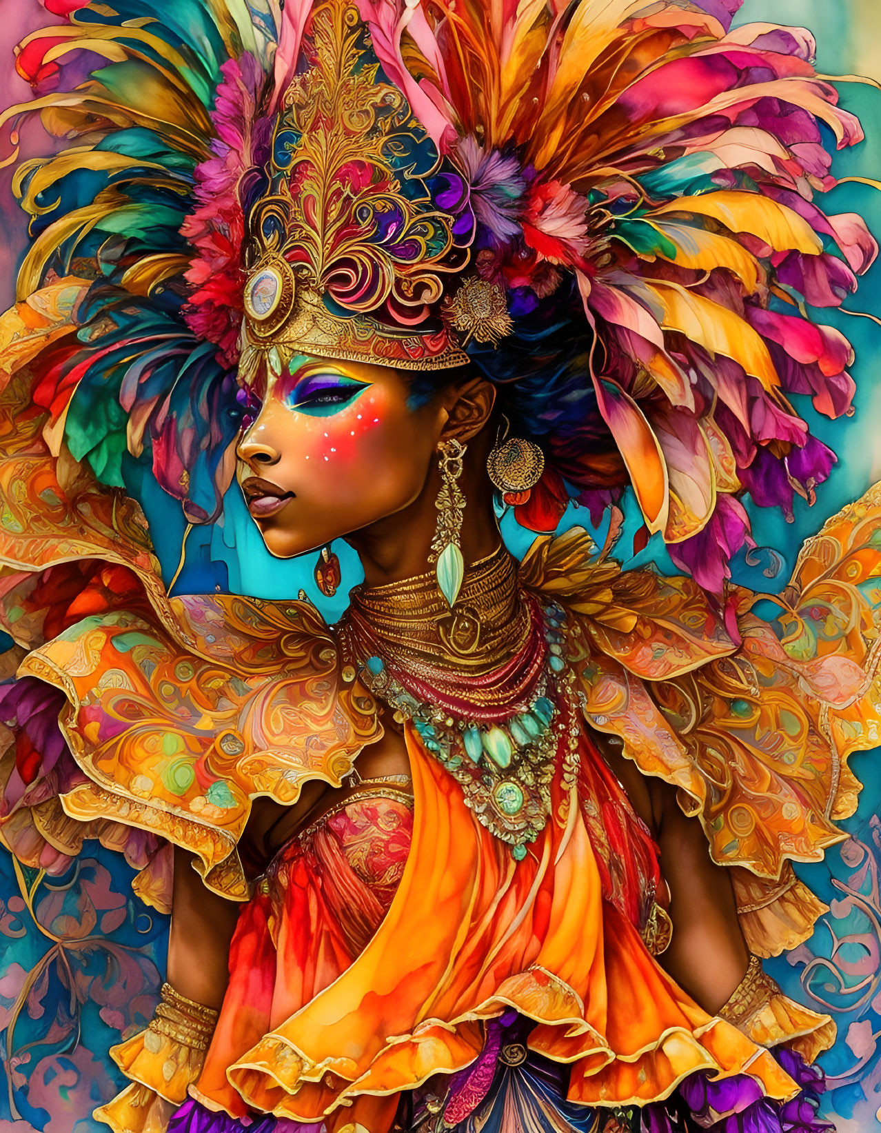 Colorful Carnival Costume with Feather Headdress and Elaborate Makeup