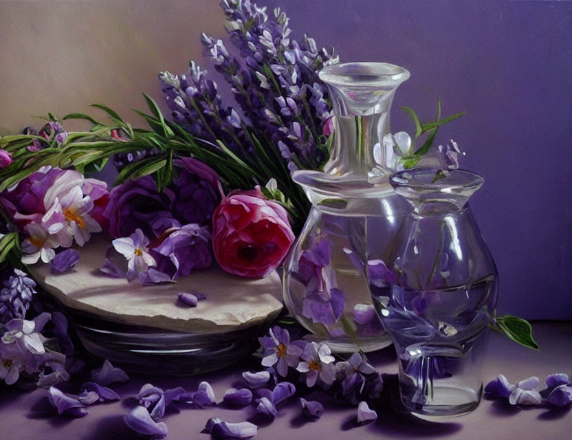 Classic still-life painting with glass decanter, rose, lavender, and petals on table