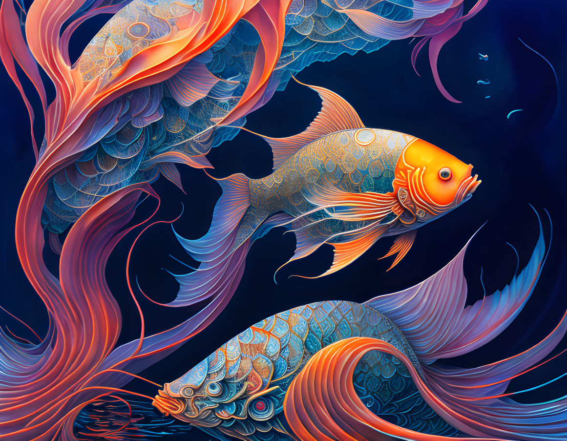 Detailed Goldfish Illustration in Blue Aquatic Setting