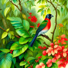 Colorful bird perched on branch in lush foliage